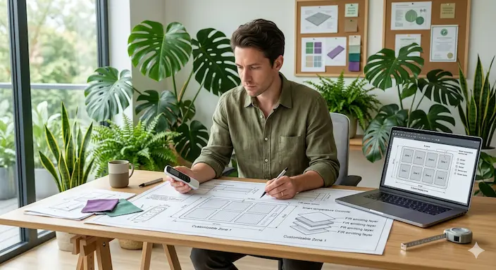 Professional wellness product designer working on a customized 8-panel therapeutic heating mat blueprint with smart temperature controller.
