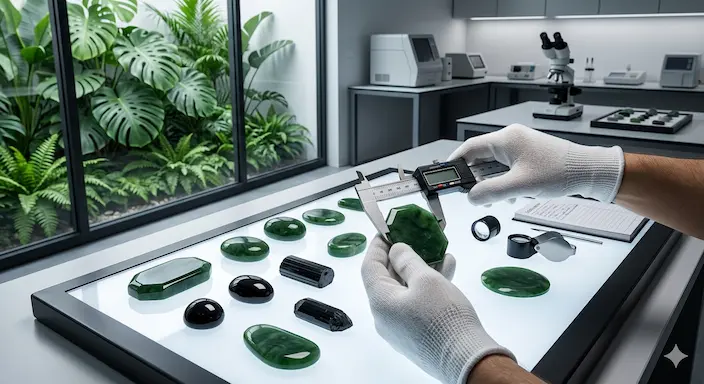 Quality inspector using a precision caliper to examine authentic jade and tourmaline stones in a professional mineral lab.