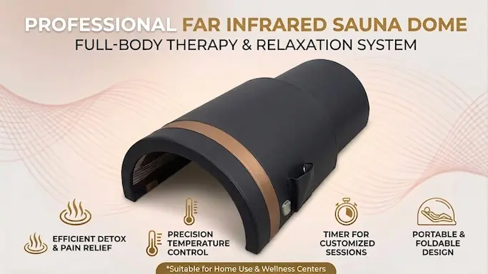 Portable far infrared sauna dome with precision temperature control for home and wellness center use.