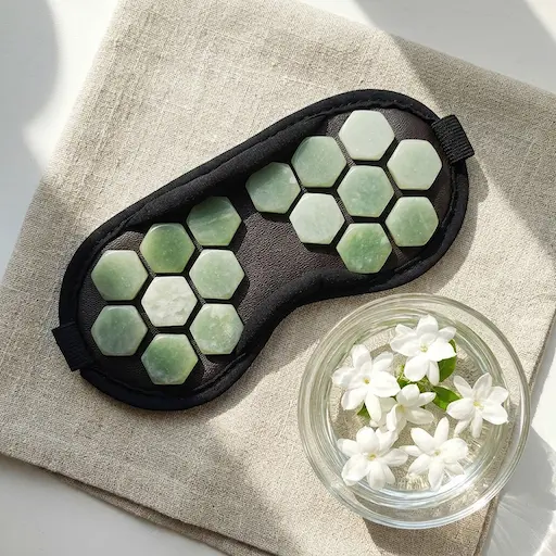 Black satin eye mask featuring hexagonal cut premium jade stones for therapy, displayed on a natural linen cloth with a bowl of jasmine flowers for wholesale spa supplies.