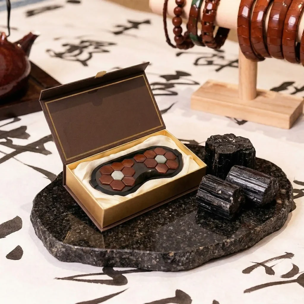 A close-up portrait of the open boxed Premium Tourmaline Jade Eye Mask on a polished granite surface, surrounded by raw tourmaline and stone textures. Ideal for wholesale physiotherapy supplies.