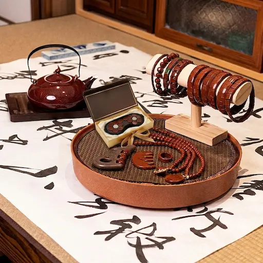 A collection of tourmaline health jewelry including far-infrared necklaces, bracelets, a massage comb, and a stone-embedded eye mask for holistic wellness.