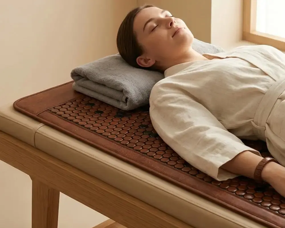filename woman resting jade stone therapy mat far infrared pain relief.webp