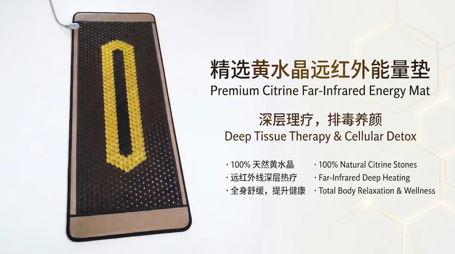 A far-infrared heating mat featuring natural yellow citrine stones on a black surface