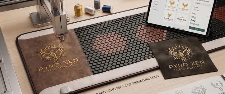 Professional gold logo embroidery on a custom infrared heating mat for PYRO-ZEN Therapeutics, showcasing LUXEWELL's OEM private label branding and logo design services for premium wellness products