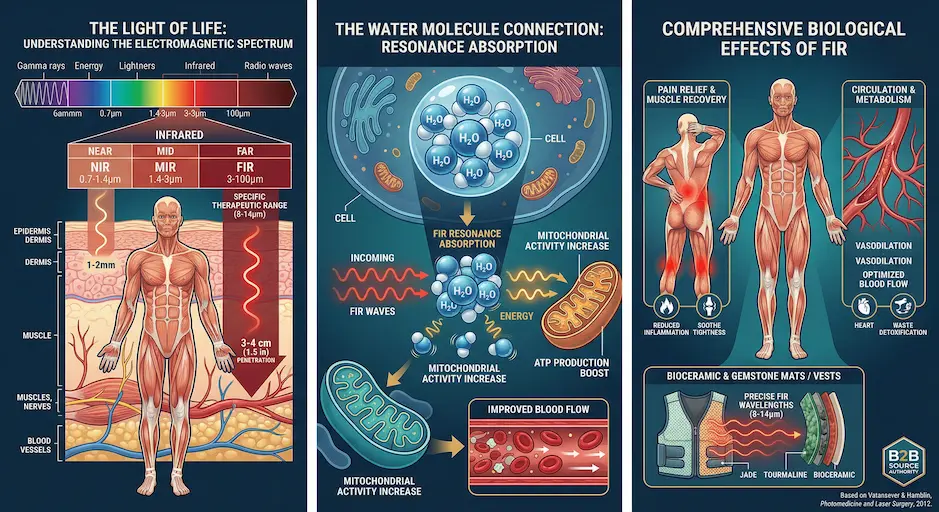 far infrarInfographic showing FIR penetration depth of 3-4cm into muscle and blood vessels compared to NIR.ed therapy biological effects penetration mechanisms infographic