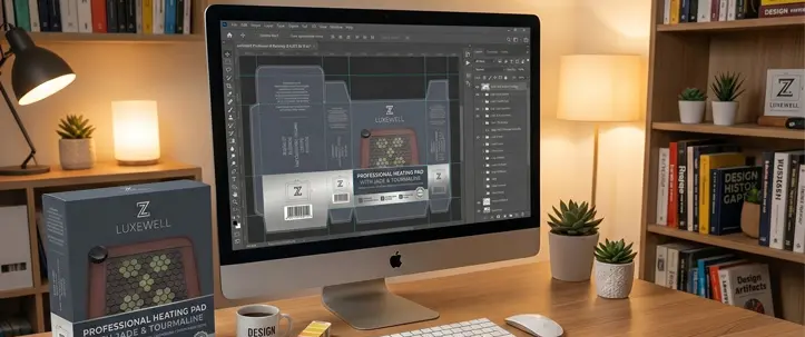 Senior designer creating custom OEM packaging for LUXEWELL Professional Heating Pad featuring natural Jade and Tourmaline stones, showcasing B2B branding services for infrared therapy products.