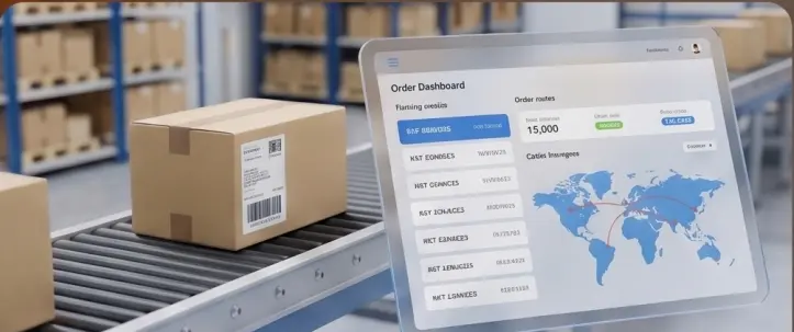 Digital order dashboard displaying global shipping routes and logistics tracking for LUXEWELL's professional drop-shipping service of infrared therapy mats and wellness products.
