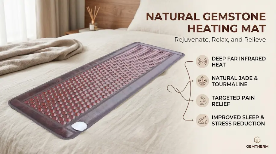 Natural jade and tourmaline gemstone heating mat featuring far-infrared technology for deep sleep and stress reduction, ideal for wellness centers and B2B private label supply.