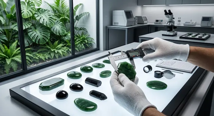 natural jade tourmaline stone quality control measurement testing process.webp