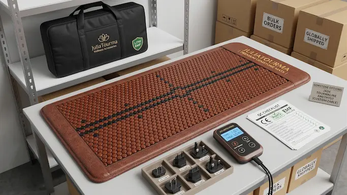 Large wholesale jade and tourmaline therapeutic gemstone mat on a luxury massage table in a professional modern clinic