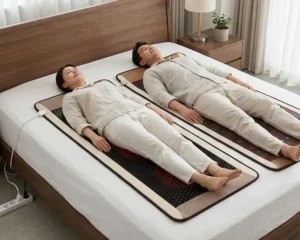 Couple using tourmaline and jade heating mats for full body far infrared sleep therapy