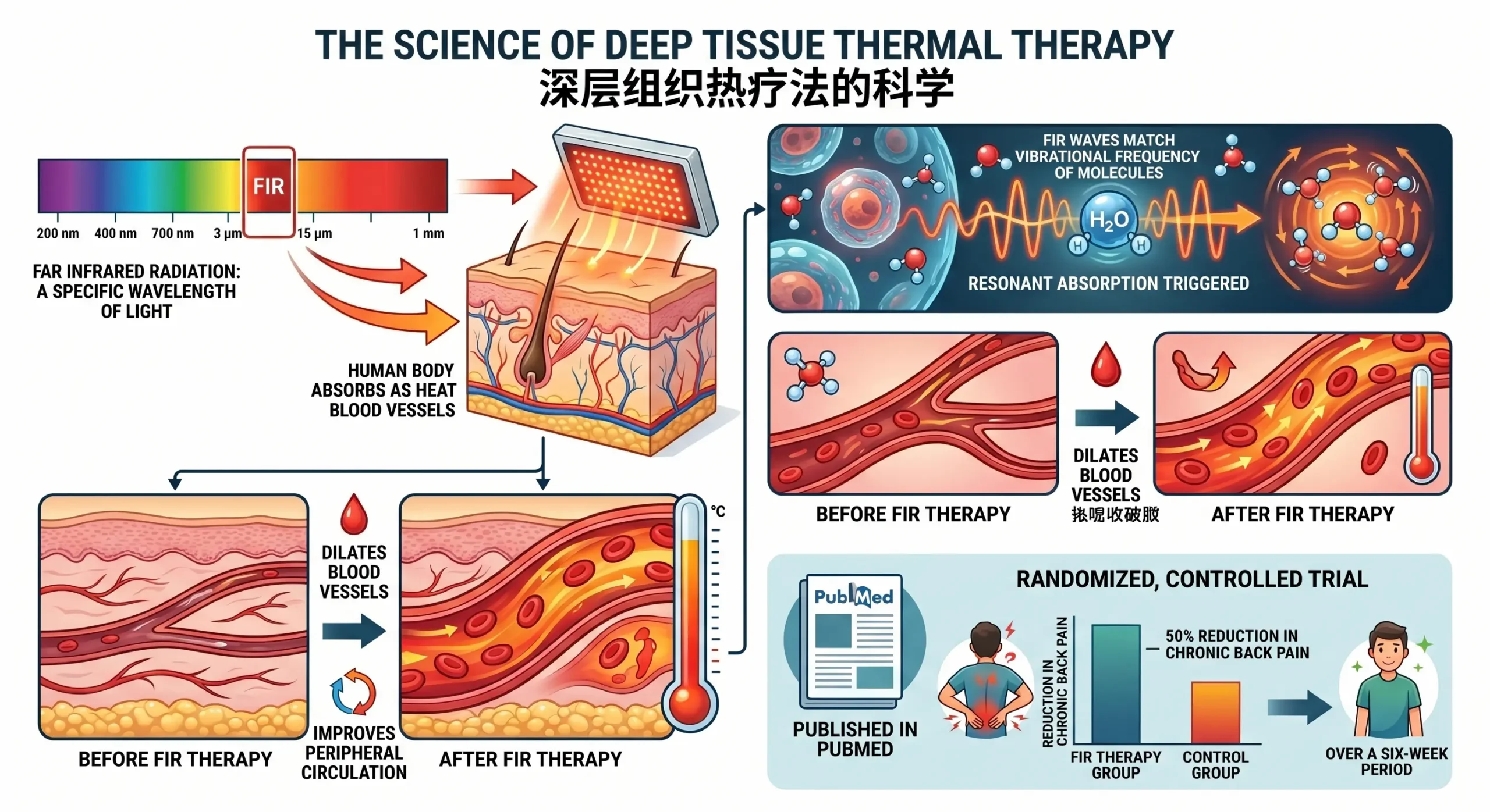 Scientific diagram of Far Infrared (FIR) therapy mechanism showing 3-15 micron wavelengths triggering water molecule resonance, dilating blood vessels, and reducing chronic back pain by 50% based on PubMed clinical trials